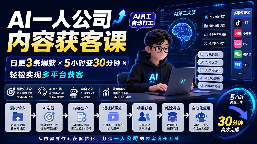 AI一人公司内容获客课-更新8月:日更3条爆款×5小时变30分钟×AI员工自动打工,轻松实现多平台获客-旺仔资源库