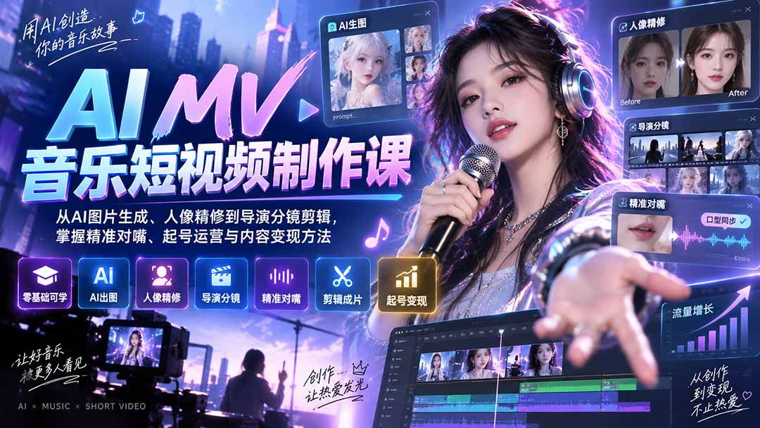 AI MV音乐短视频制作课：从AI图片生成、人像精修到导演分镜剪辑，掌握精准对嘴、起号运营与内容变现方法-旺仔资源库