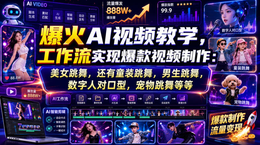 爆火AI视频教学,工作流实现爆款视频制作:美女跳舞,还有童装跳舞,男生跳舞,数字人对口型,宠物跳舞等等-旺仔资源库