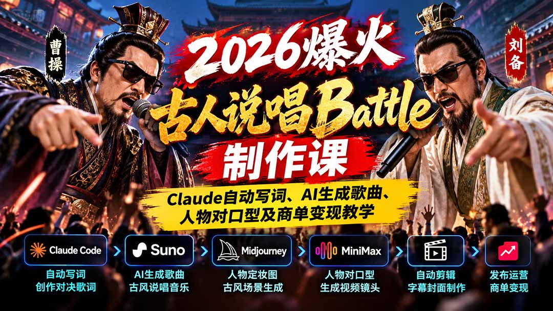 2026爆火古人说唱Battle制作课:Claude自动写词、AI生成歌曲、人物对口型及商单变现教学-旺仔资源库