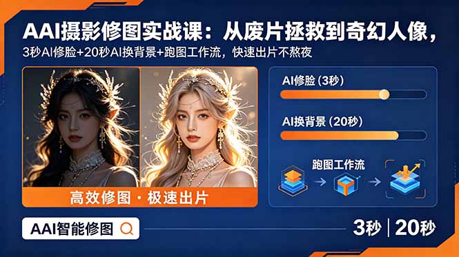 AI摄影修图实战课:从废片拯救 到 奇幻人像,3秒AI修脸+20秒AI换背景+跑图工作流,快速出片不熬夜-旺仔资源库