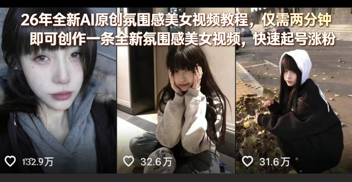 26年全新AI原创氛围感美女视频教程,仅需两分钟即可创作一条全新氛围感美女视频,快速起号涨粉-旺仔资源库