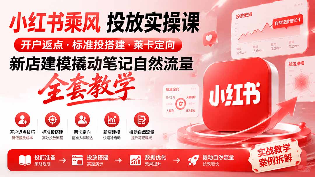 小红书乘风投放-100分钟实操课|开户返点·标准投搭建·莱卡定向,新店建模撬动笔记自然流量全套教学-旺仔资源库