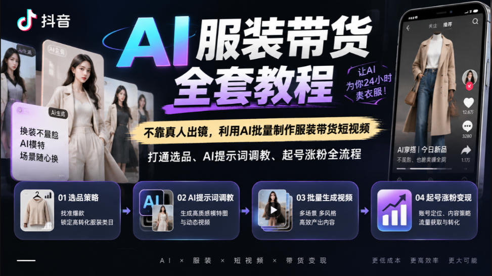 抖音AI服装带货全套教程,不靠真人出镜,利用AI批量制作服装带货短视频,打通选品、AI提示词调教、起号涨粉全流程-旺仔资源库