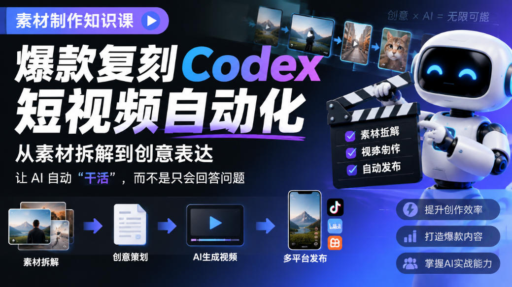素材制作知识课，爆款复刻Codex短视频自动化，从素材拆解到创意表达，让AI自动“干活”，而不是只会回答问题-旺仔资源库