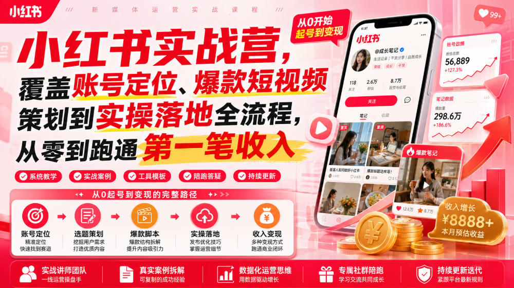 小红书实战营,覆盖账号定位、爆款短视频策划到实操落地全流程,从零到跑通第一笔收入-旺仔资源库