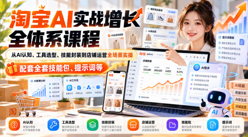 淘宝AI实战增长全体系课程，从AI认知、工具选型、技能封装到店铺运营全场景实操，配套全套技能包、提示词等-旺仔资源库