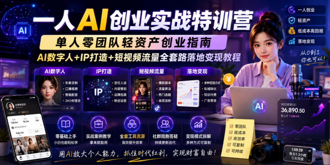 一人AI创业实战特训营,单人零团队轻资产创业指南,AI数字人+IP打造+短视频流量全套路落地变现教程-旺仔资源库