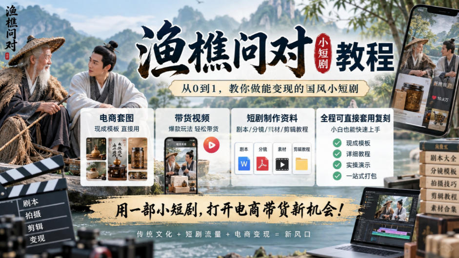 渔樵问对小短剧教程，包含电商套图、带货视频，短剧制作资料，全程可直接套用复刻-旺仔资源库