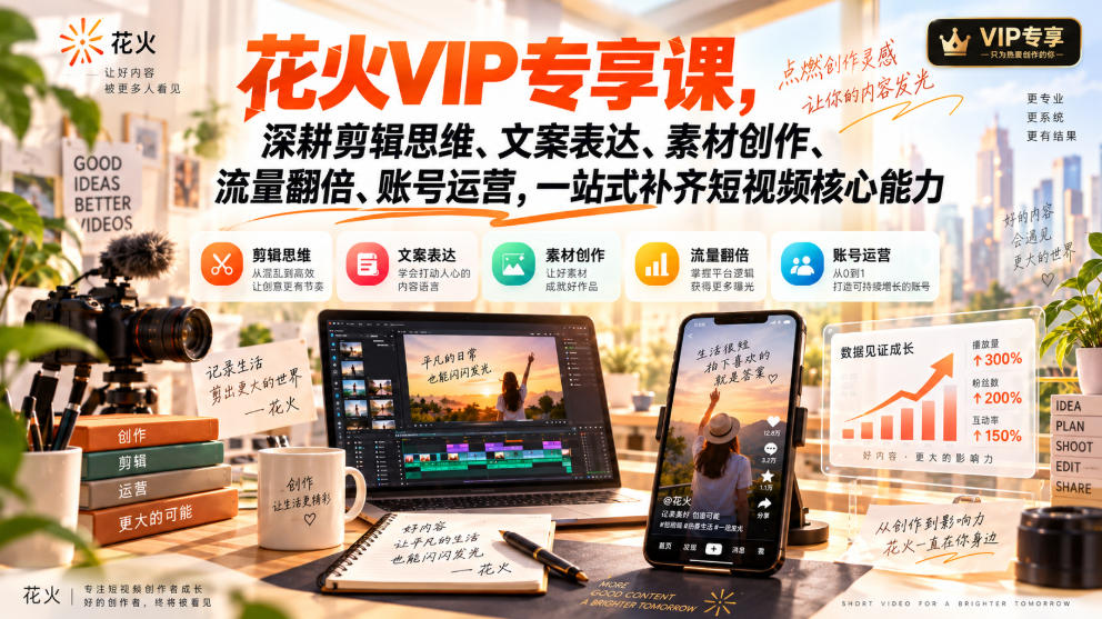 花火VIP专享课,深耕剪辑思维、文案表达、素材创作、流量翻倍、账号运营,一站式补齐短视频核心能力-旺仔资源库