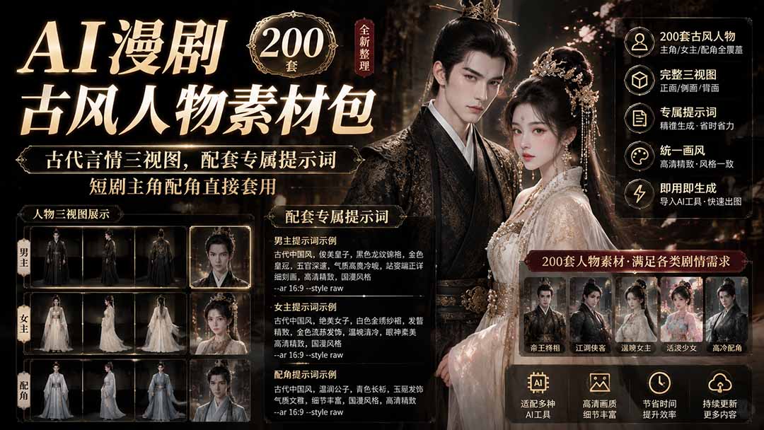 AI漫剧古风人物素材包+提示词｜200 套古代言情三视图，配套专属提示词短剧主角配角直接套用-旺仔资源库