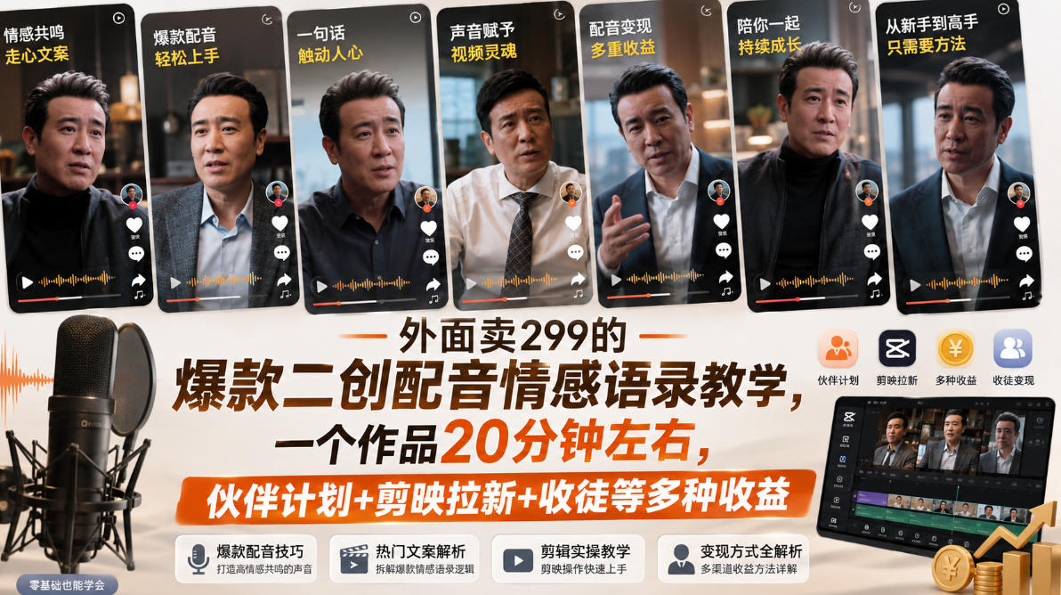 外面卖299的爆款二创配音情感语录教学,一个作品20分钟左右,伙伴计划+剪映拉新+收徒等多种收益-旺仔资源库