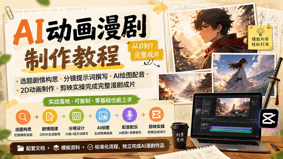 AI动画漫剧制作教程|选题剧情构思·分镜提示词撰写·AI绘图配音·2D动画制作·剪映实操完成完整漫剧成片-旺仔资源库