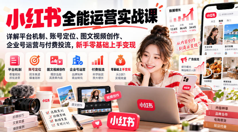 小红书全能运营实战课,详解平台机制、账号定位、图文视频创作、企业号运营与付费投流,新手零基础上手变现-旺仔资源库