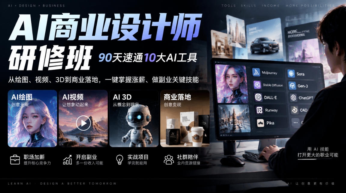 AI商业设计师研修班,90天速通10大AI工具,从绘图、视频、3D到商业落地,一键掌握涨薪、做副业关键技能-旺仔资源库
