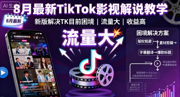 8月最新TikTok影视解说教学，新版解决TK目前困境，流量大，收益高-旺仔资源库