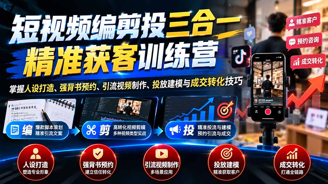 短视频编剪投三合一精准获客训练营：掌握人设打造、强背书预约、引流视频制作、投放建模与成交转化技巧-旺仔资源库