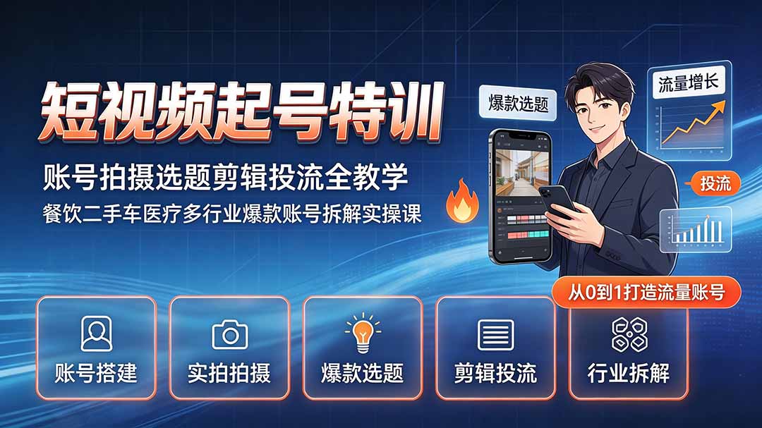 短视频起号特训｜账号拍摄选题剪辑投流全教学，餐饮二手车医疗多行业爆款账号拆解实操课-旺仔资源库