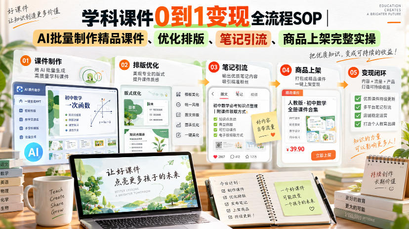 学科课件0到1变现全流程SOP|AI批量制作精品课件、优化排版、笔记引流、商品上架完整实操-旺仔资源库