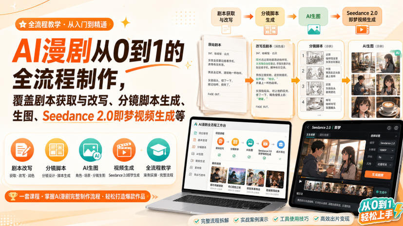 AI漫剧从0到1的全流程制作，覆盖剧本获取与改写、分镜脚本生成、角色场景生图与三视图、Seedance 2.0即梦视频生成(PDF版)-旺仔资源库