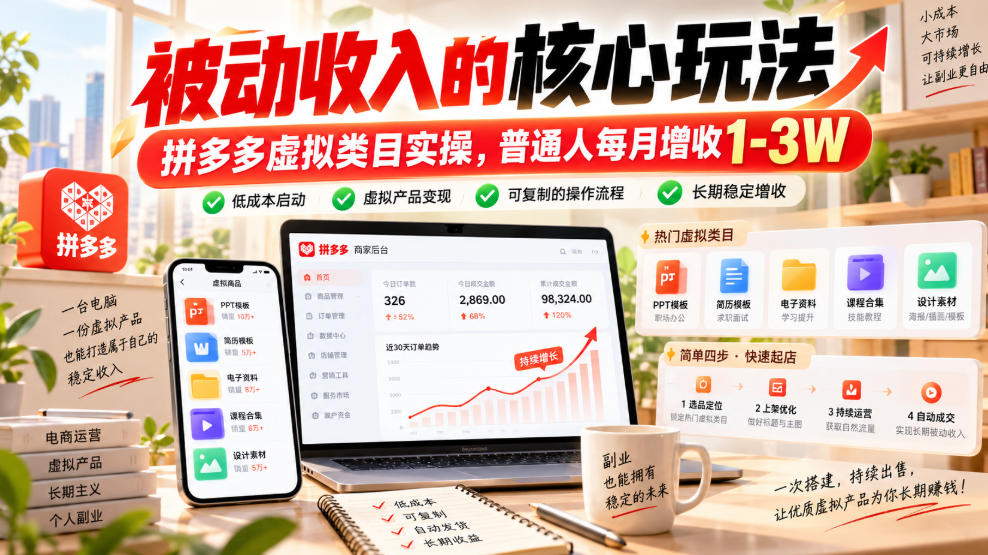 被动收入的核心玩法,拼多多虚拟类目实操,普通人每月增收1-3W【揭秘】-旺仔资源库
