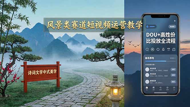 风景类赛道短视频运营教学:诗词文学中式美学,新号养号对标账号定位,DOU+高性价比投放全流程-旺仔资源库