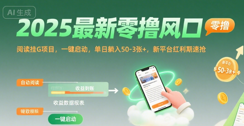 2025最新零撸风口，阅读挂G项目，一键启动，单日躺入 50-3张+，新平台红利期速抢【揭秘】-旺仔资源库