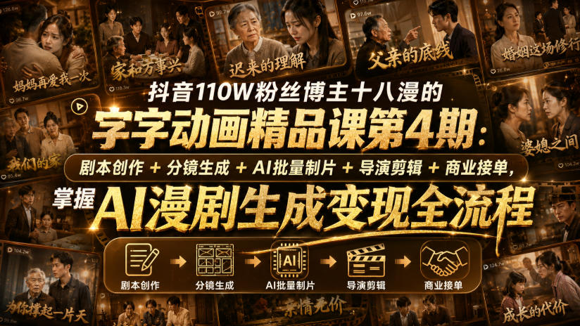 抖音110W粉丝博主十八漫的字字动画精品课第4期:剧本创作+分镜生成+剪辑+商业接单,掌握AI漫剧生成变现全流程(更新0916)-旺仔资源库