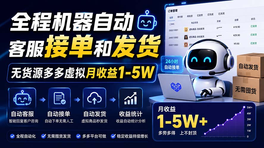 全程机器自动客服接单和发货，无货源多多虚拟月收益1-5W-旺仔资源库