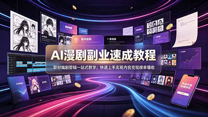 AI漫剧副业速成教程，取材编剧剪辑一站式教学；快速上手实现内容变现接单增收-旺仔资源库