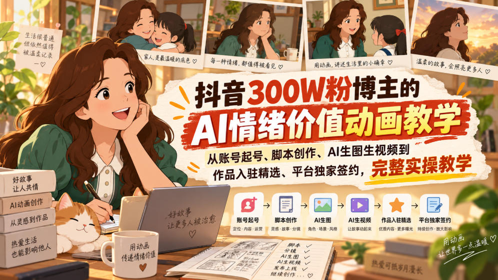 抖音300W粉博主的AI情绪价值动画教学，从账号起号、脚本创作、AI生图生视频到作品入驻精选、平台独家签约，完整实操-旺仔资源库