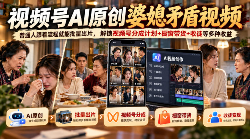 视频号ai原创婆媳矛盾视频，普通人跟着流程就能批量出片，解锁视频号分成计划+橱窗带货+收徒等多种收益-旺仔资源库