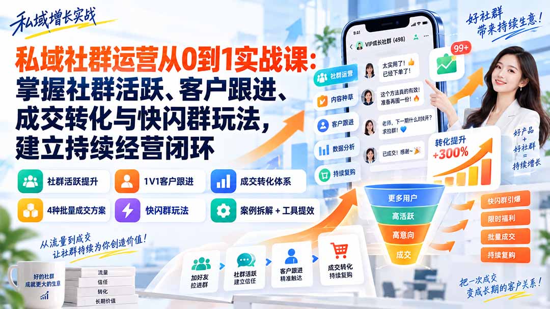 私域社群运营从0到1实战课:掌握社群活跃、客户跟进、成交转化与快闪群玩法,建立持续经营闭环-旺仔资源库