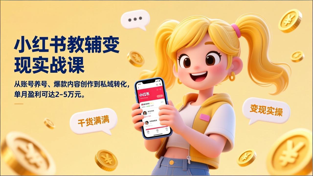 小红书教辅变现实战课，从账号养号、爆款内容创作到私域转化，单月盈利可达2-5万元-旺仔资源库