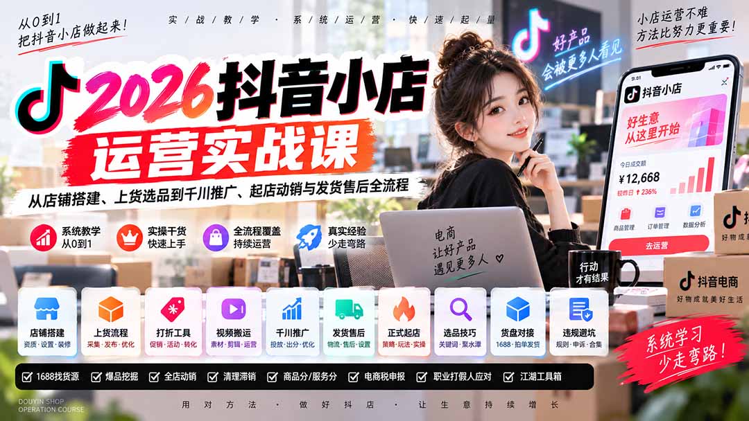 2026抖音小店运营实战课|从店铺搭建、上货选品到千川推广、起店动销与发货售后全流程-旺仔资源库