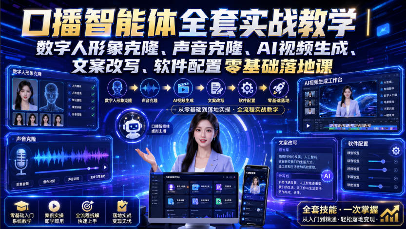 口播智能体全套实战教学|数字人形象克隆、声音克隆、AI视频生成、文案改写、软件配置零基础落地课-旺仔资源库