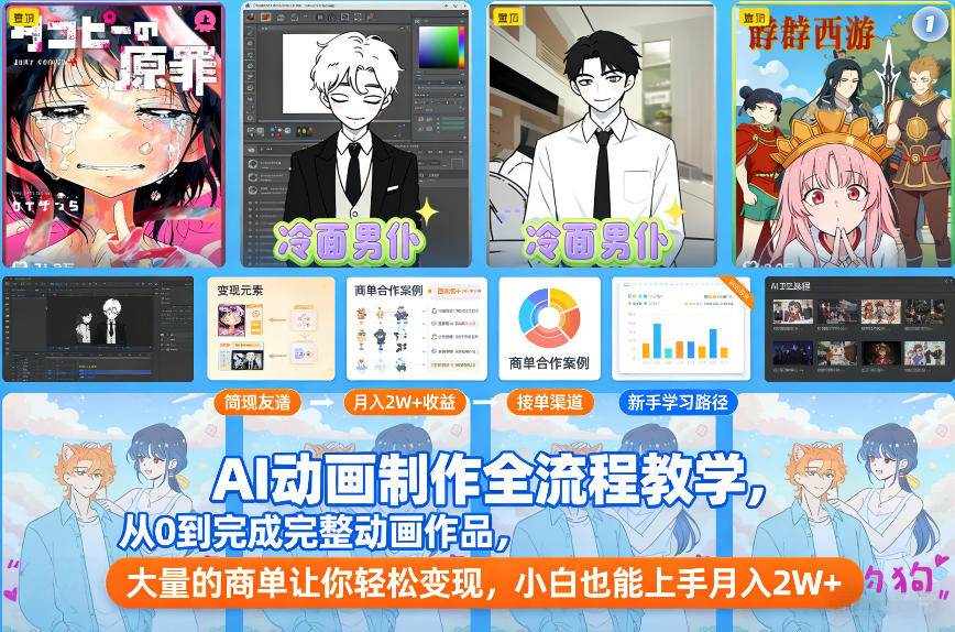 AI动画制作全流程教学，从0到完成完整动画作品，大量的商单让你轻松变现，小白也能上手月入2W+-旺仔资源库