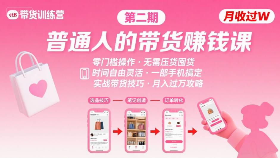 小红书带货第二期训练营，普通人月收过W的带货课，时间自由，零门槛无压货，一部手机即可操作-旺仔资源库