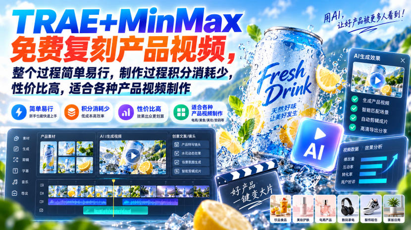 TRAE+MinMax免费复刻产品视频,整个过程简单易行,制作过程积分消耗少,性价比高,适合各种产品视频制作-旺仔资源库