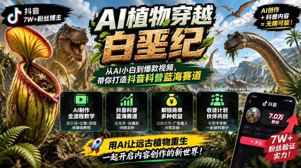 抖音7W粉丝博主的AI植物穿越白垩纪教学,抖音科普蓝海赛道,解锁商单收徒伙伴计划等多种收益-旺仔资源库