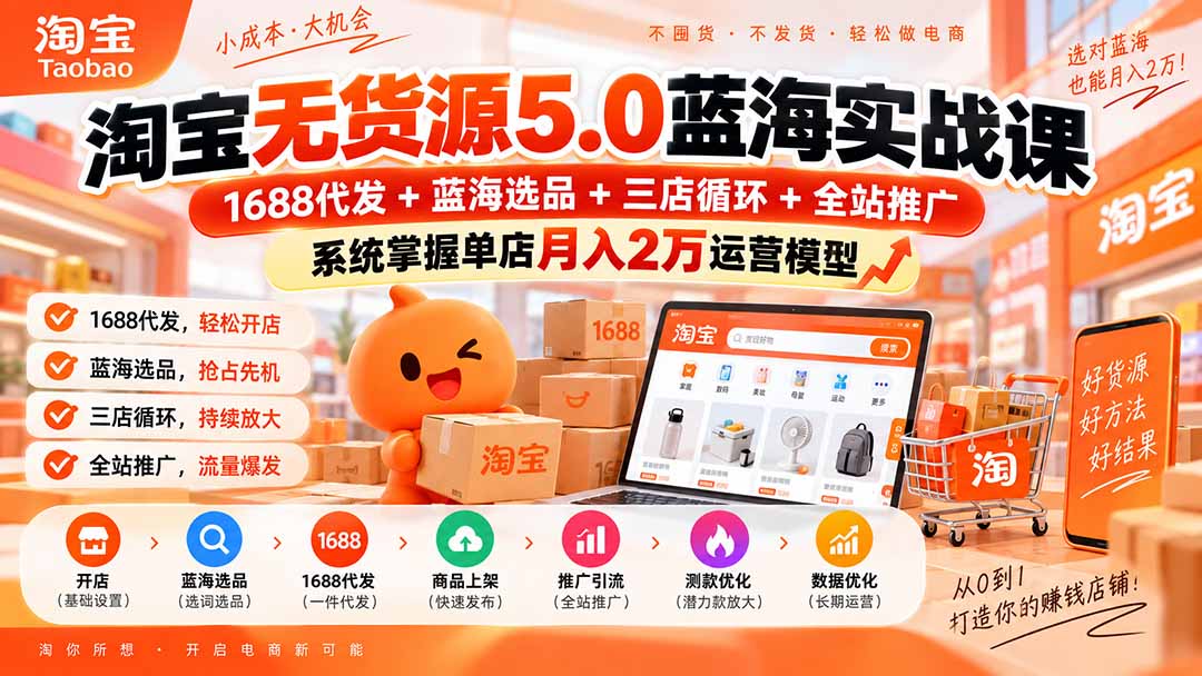 淘宝无货源5.0蓝海实战课-更新0927：1688代发+蓝海选品+三店循环+全站推广，系统掌握单店月入2万运营模型-旺仔资源库