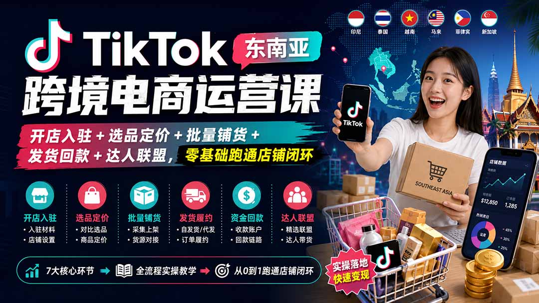 TikTok东南亚跨境电商运营课：开店入驻+选品定价+批量铺货+发货回款+达人联盟，零基础跑通店铺闭环-旺仔资源库