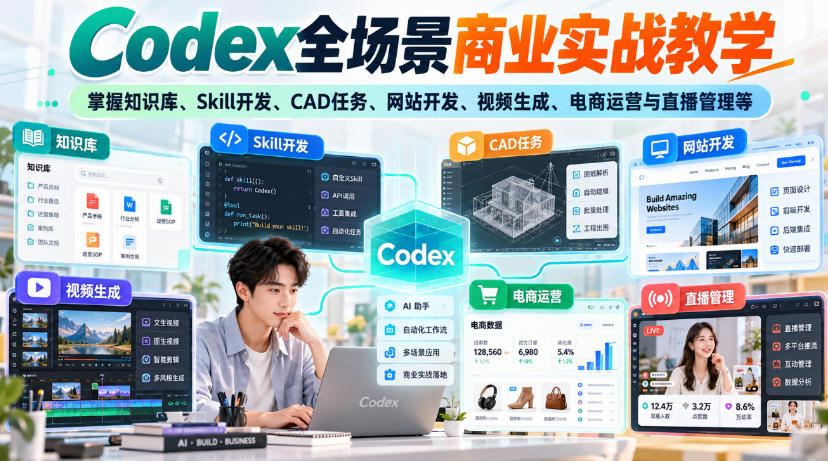 【无水印】Codex全场景商业实战教学，掌握知识库、Skill开发、CAD任务、网站开发、视频生成、电商运营与直播管理等-旺仔资源库