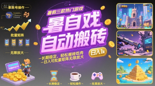 暑假三款热门游戏自动搬砖，长期稳定，轻松搬砖吃肉，日入1k ，可批量矩阵无限放大【揭秘】-旺仔资源库