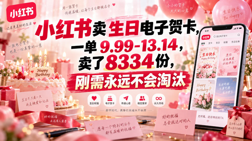小红书卖生日电子贺卡,一单9.99-13.14,卖了8334份,刚需永远不会淘汰-旺仔资源库