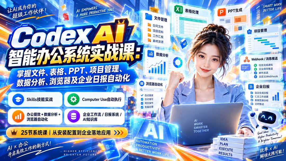 Codex AI智能办公系统实战课：掌握文件、表格、PPT、项目管理、数据分析、浏览器及企业日报自动化-旺仔资源库