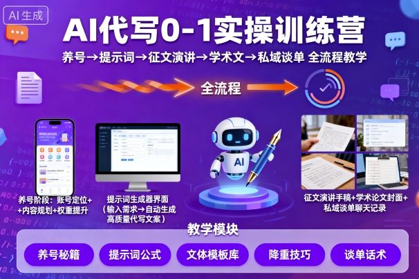 AI代写0-1实操训练营，从养号、提示词、征文演讲、学术文，到私域谈单的全流程教学-旺仔资源库