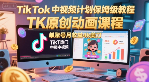 TikTok中视频计划保姆级教程，TK原创动画课程，单账号月收益4k美刀-旺仔资源库