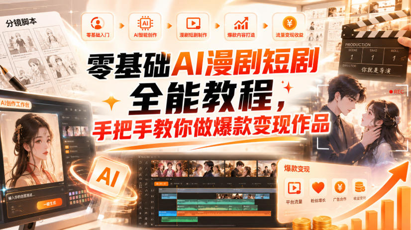 零基础AI漫剧短剧全能教程,从AI智能体搭建、文案脚本分镜、多平台AI生视频、剪映精修,覆盖全题材创作,手把手教你做爆款变现作品-旺仔资源库