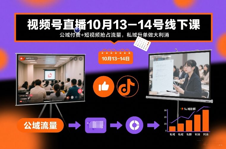 视频号直播10月13-14号线下课，公域付费+短视频抢占流量，私域升单做大利消-旺仔资源库